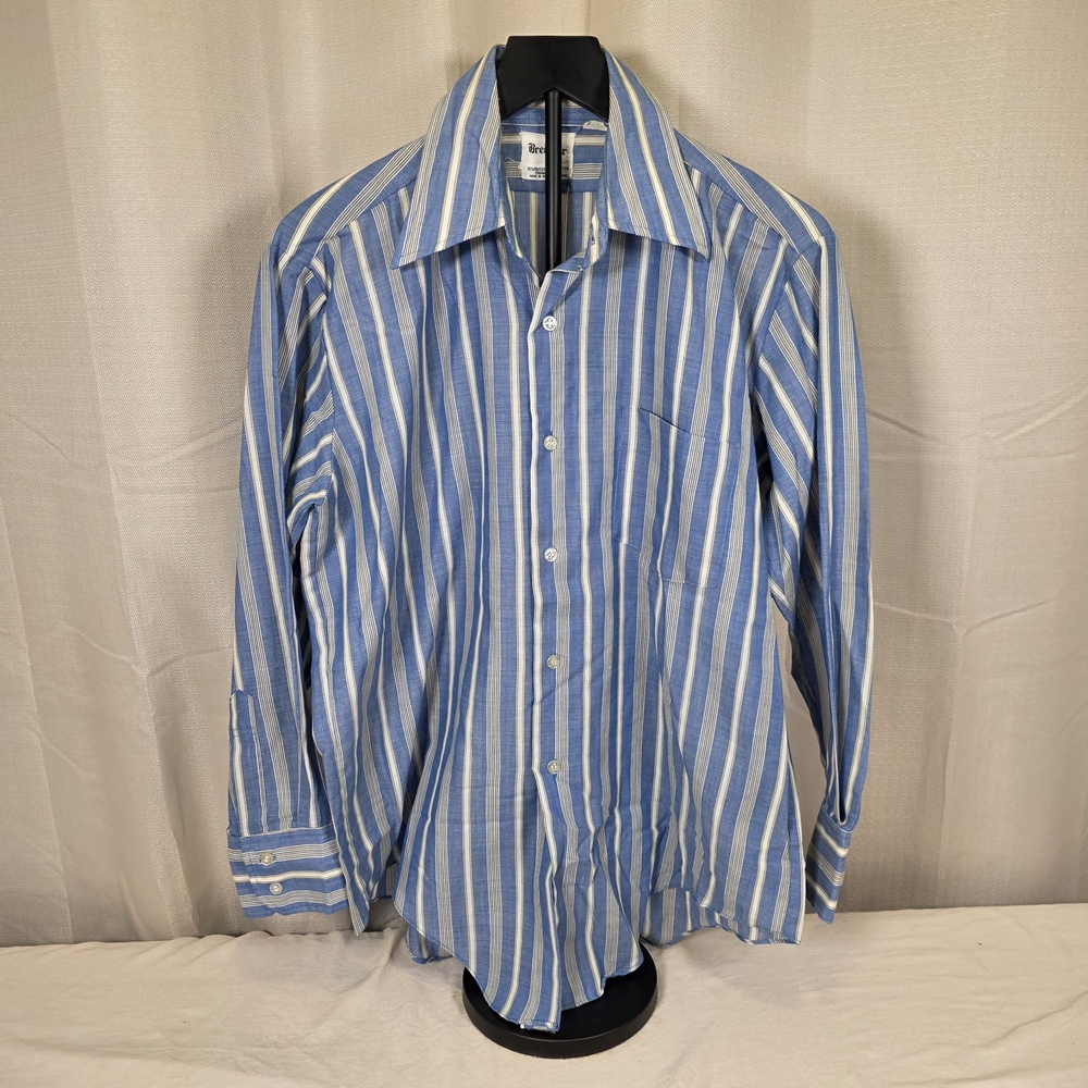 Vintage 70s Brewster Striped Button Up Shirt Blue Retro Wide Collar